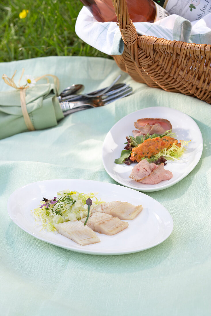 Picknicken, Picknickkorb, Picknick, auf Wiese mit Tafelspitz und Forelle