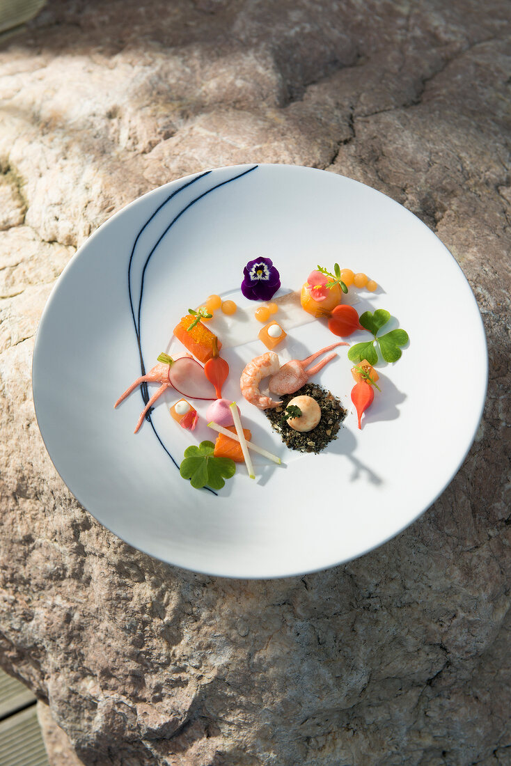 An appetiser plate featuring char, crayfish, apple and radishes