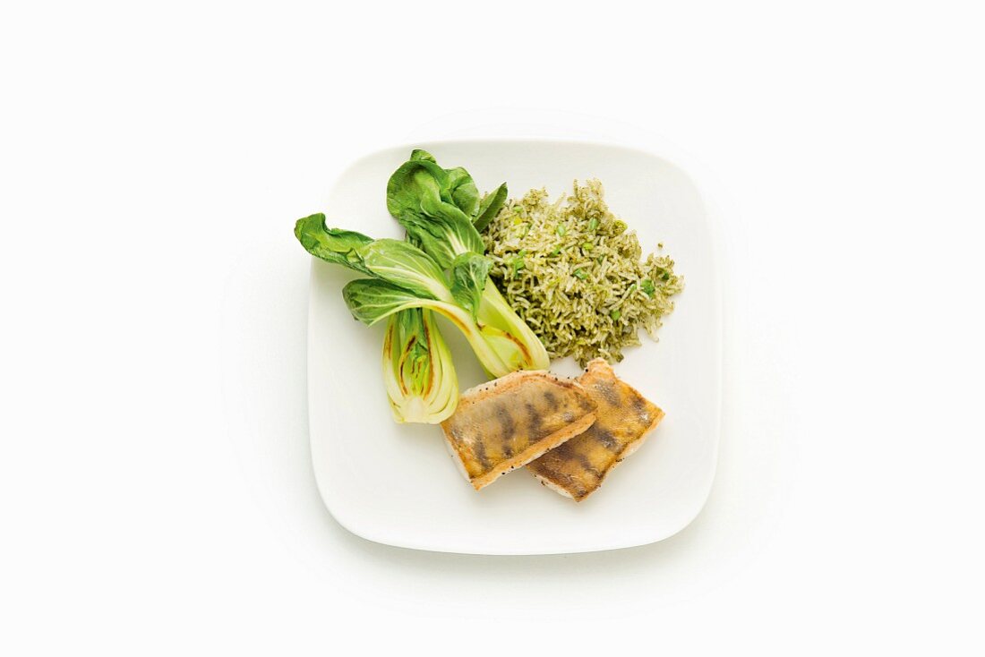Zander with green vegetable rice, bok choy and moringa powder