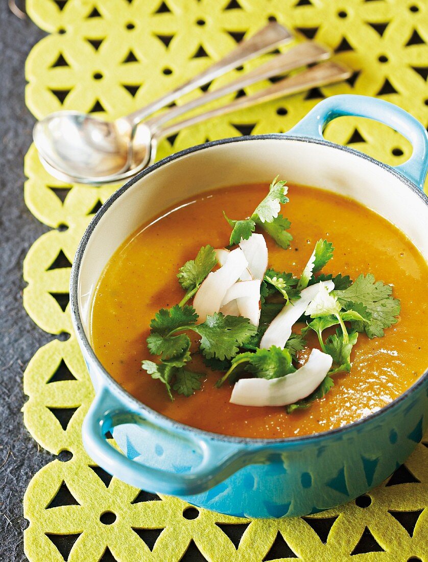 Sweet potato soup with coconut, ginger and coriander leaves