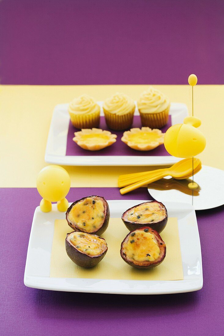 Passion fruit cupcakes, passion fruit and vanilla tartlets, and caramelised passion fruit