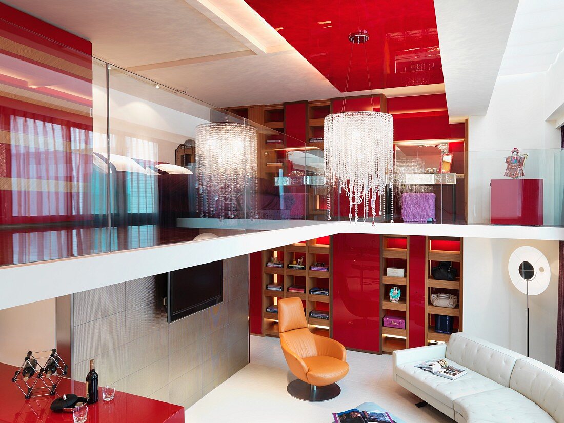 View of brightly colored modern living room from above