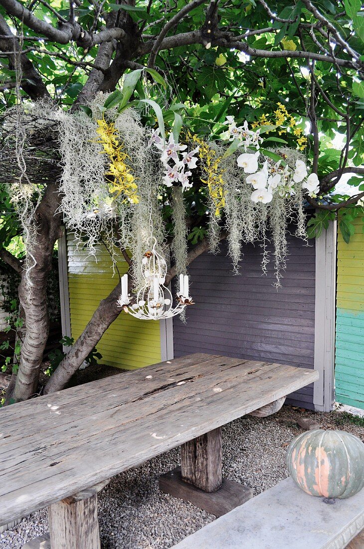 Flower arrangement and chandelier hanging from wire frame suspended above weathered wooden table