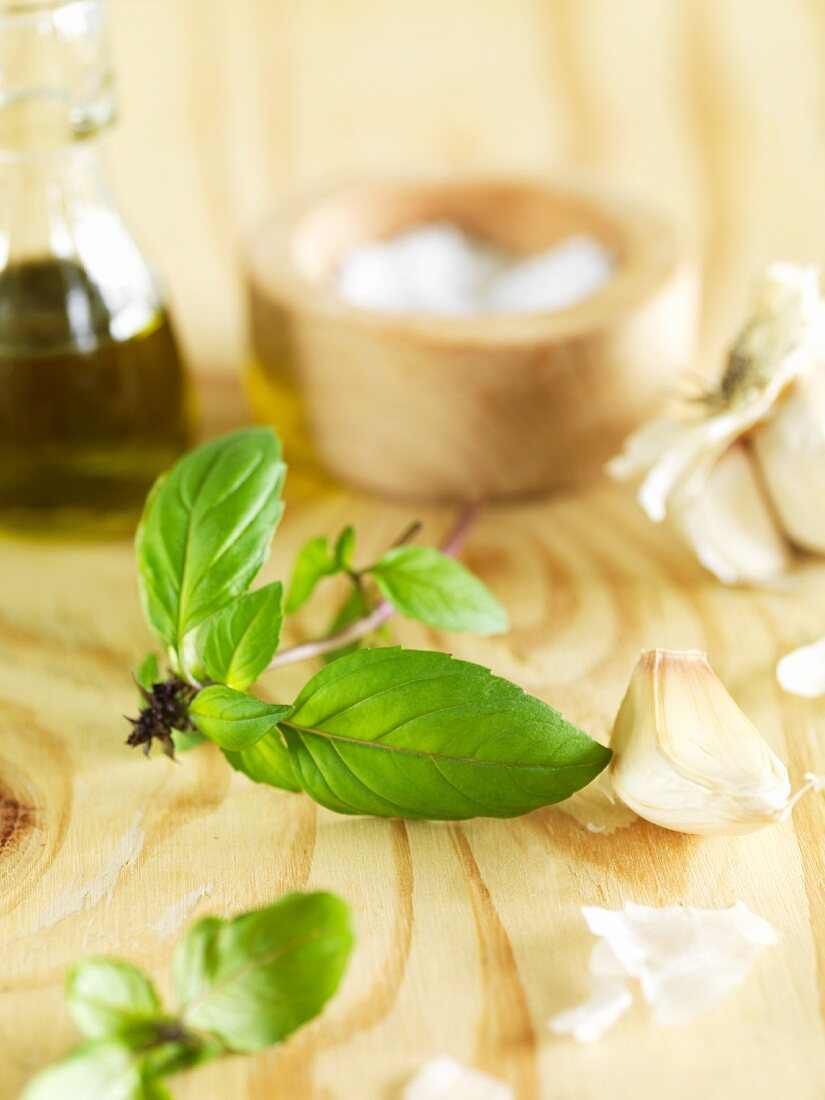 Basil, garlic, olive oil and salt