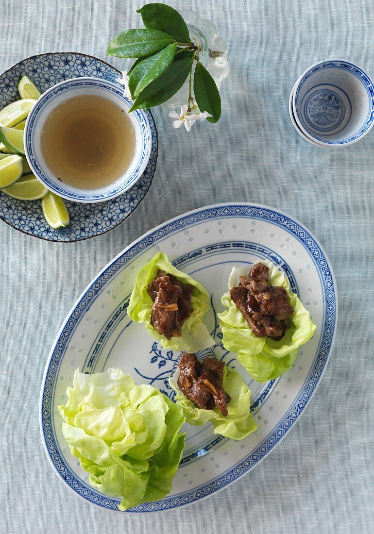 Fried beef served in lettuce leaves (Cambodia)