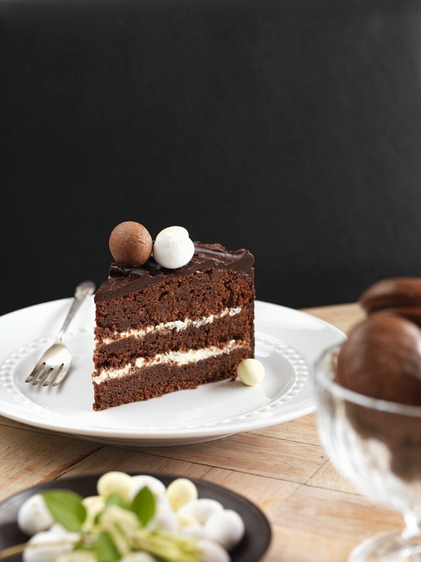 A slice of chocolate cake for Easter