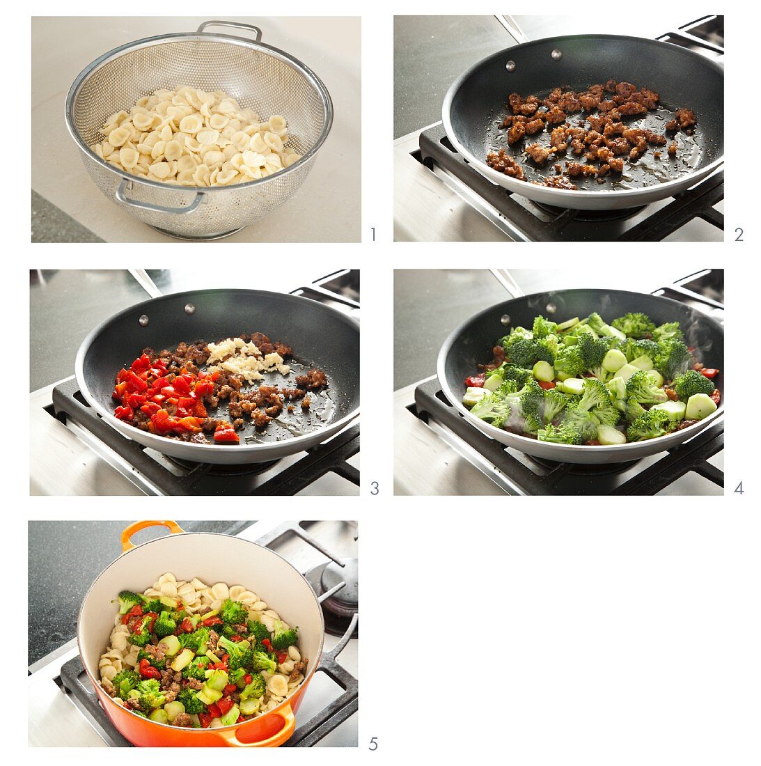 Steps for Making Pasta with Ground Sausage and Sauteed Vegetables