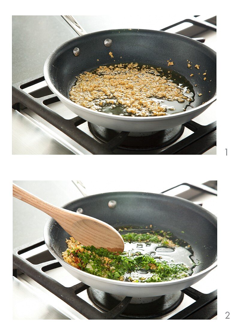 Sauteing Garlic and Herbs in a Skillet