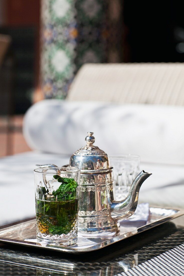 Tray of mint tea in pot and glasses