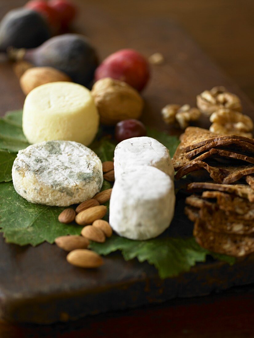 Wooden Platter with Cheeses, Nuts and Fruit