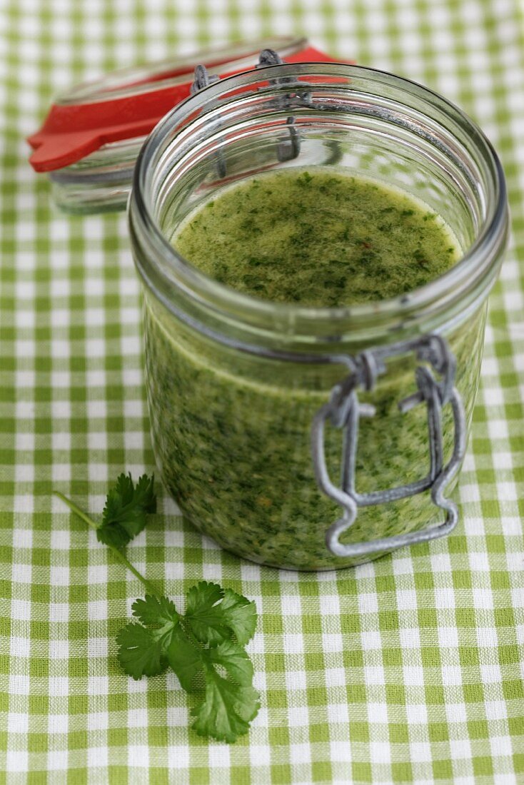 Coriander pesto with cashew nuts, ginger, parsley and garlic