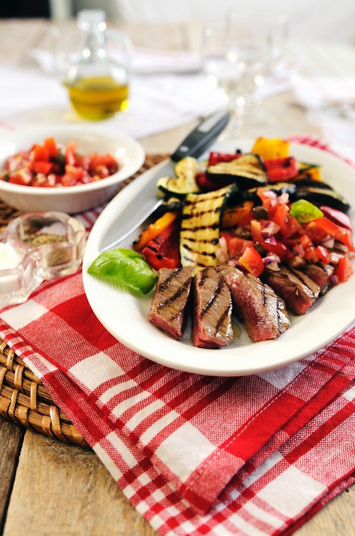 Sirloin steak with grilled Mediterranean vegetables