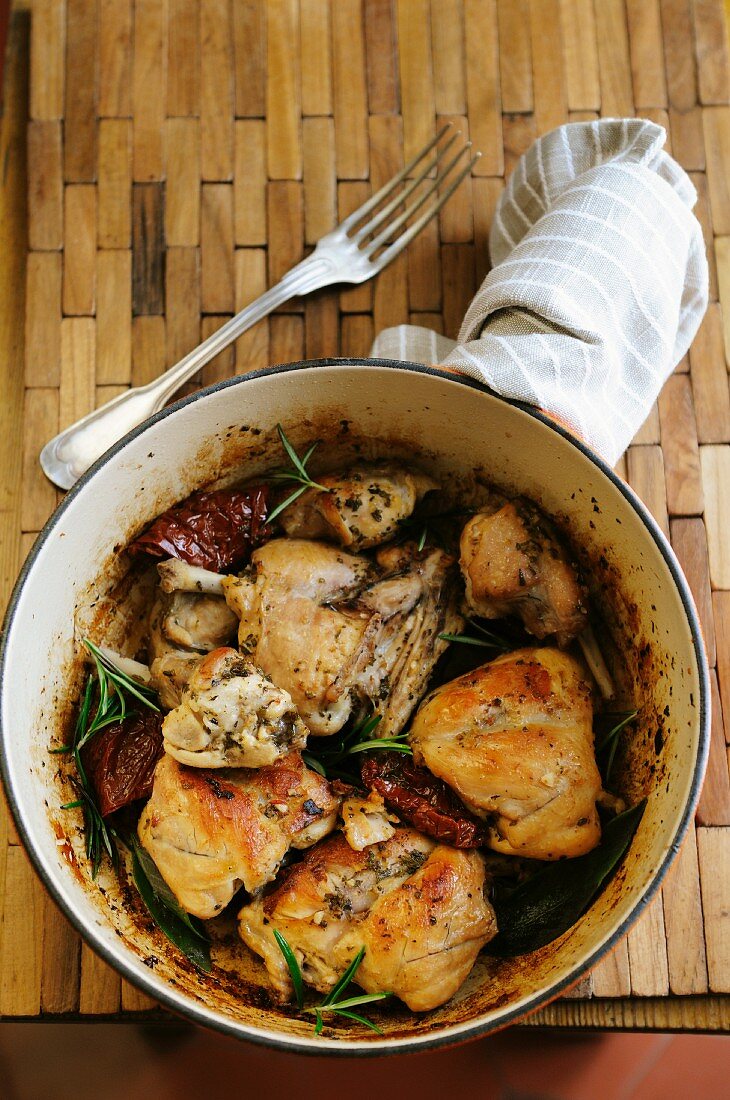 Pan-fried rabbit with dried tomatoes and rosemary