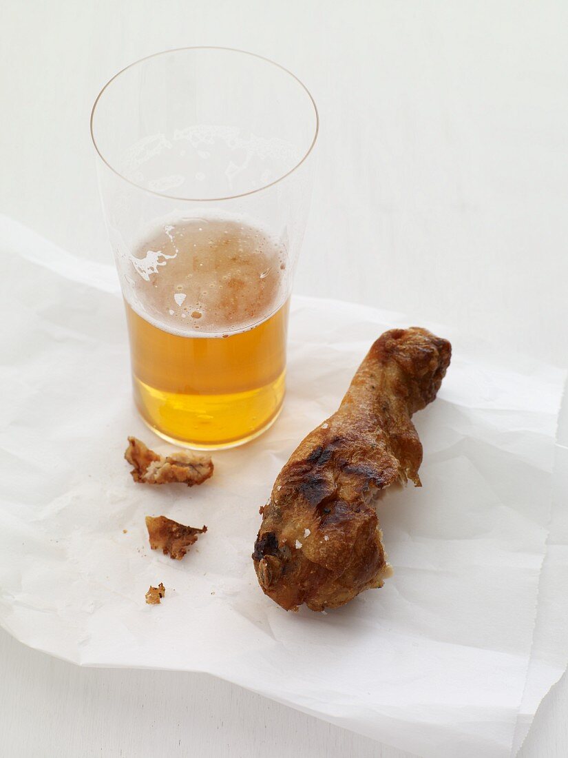 Fried Chicken Leg with a Glass of Beer