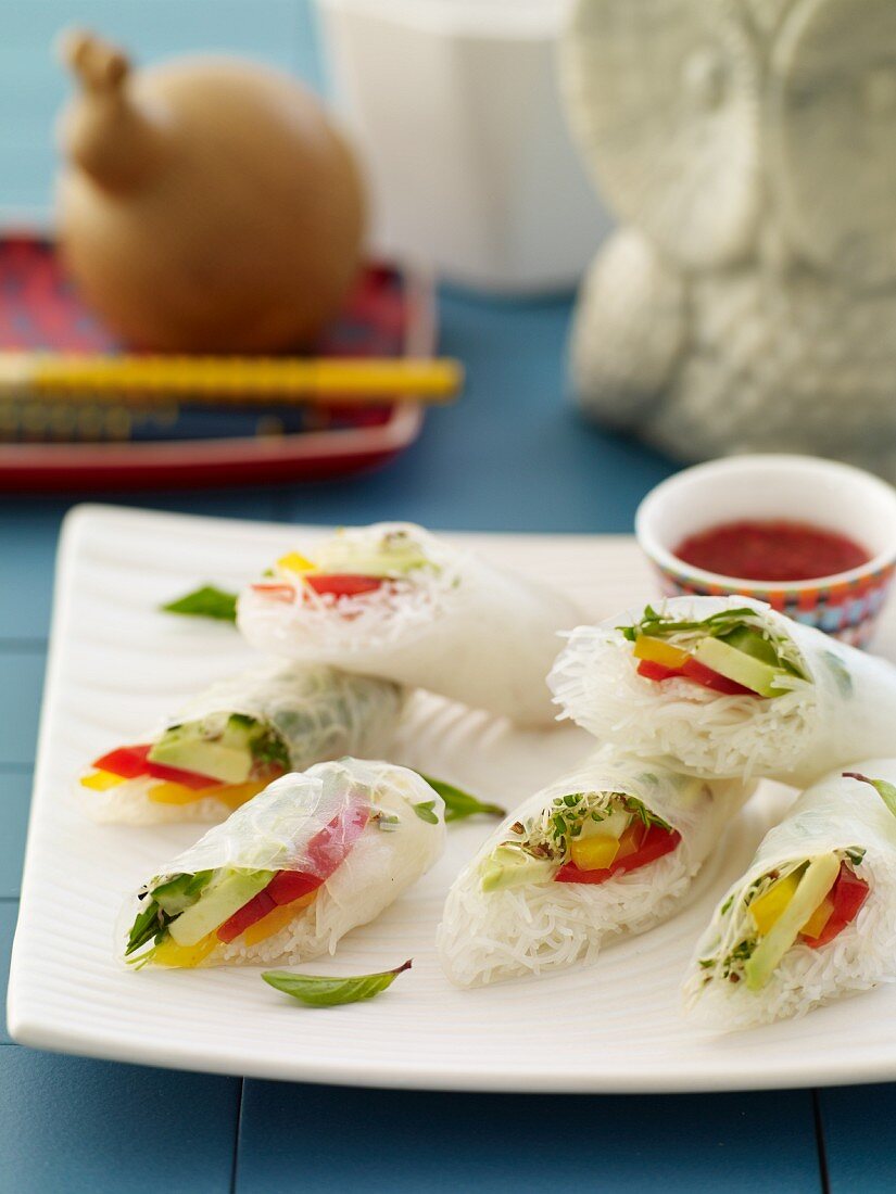 Fresh Asian Spring Rolls with Dipping Sauce on a Platter