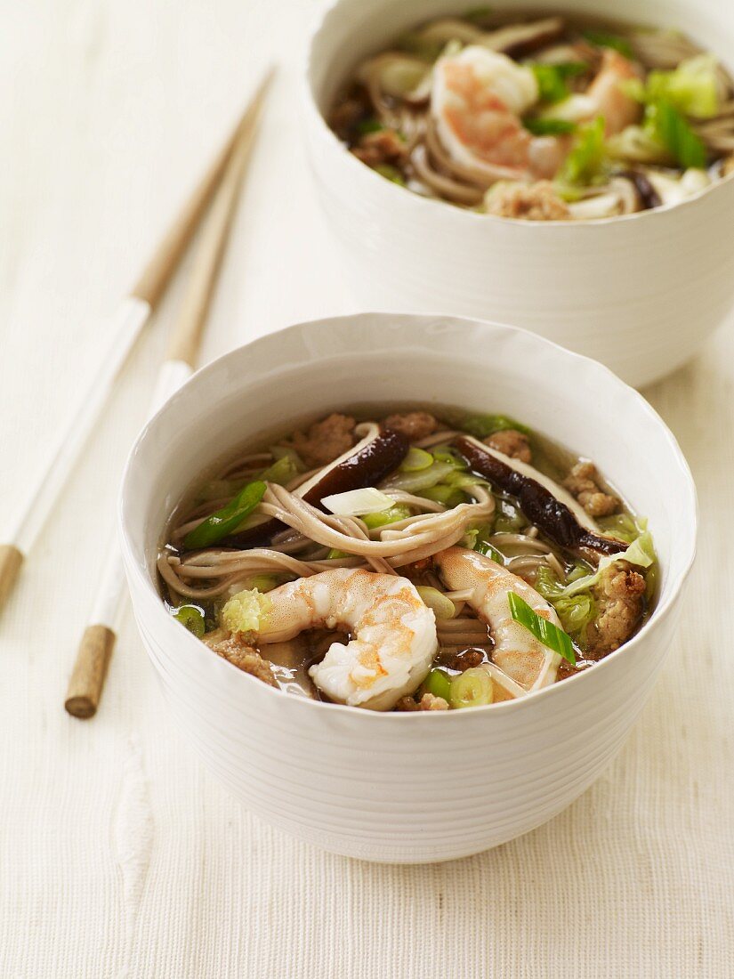 Two Bowls of Asian Shrimp and Noodle Soup
