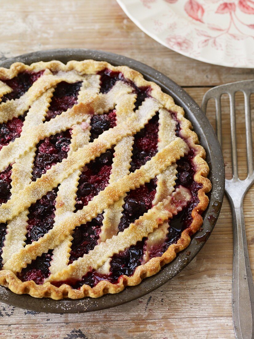 Whole Blueberry Pie with Lattice Top; From Above