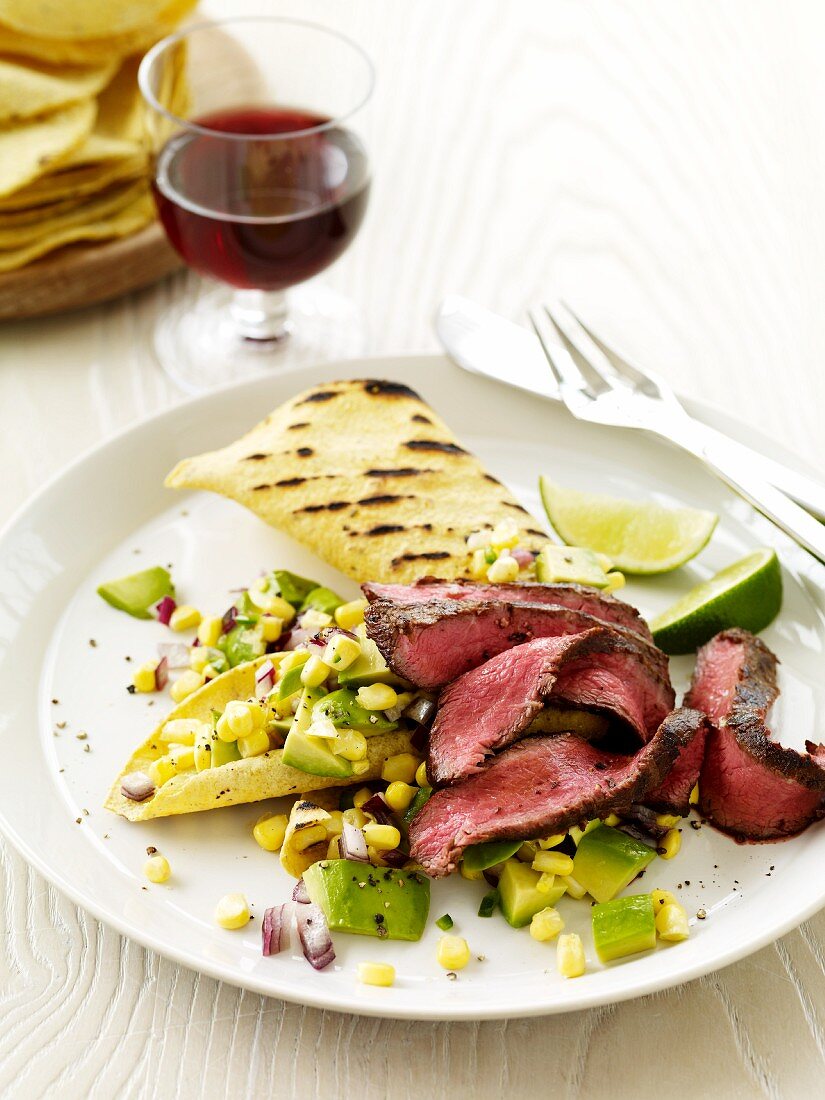 Southwestern Steak Salad with a Grilled Tortilla and Glass of Wine