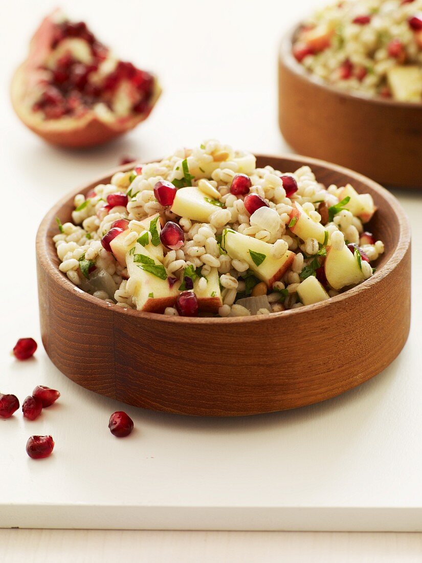 Apple Pomegranate and Barley Salad in Wooden Bowls