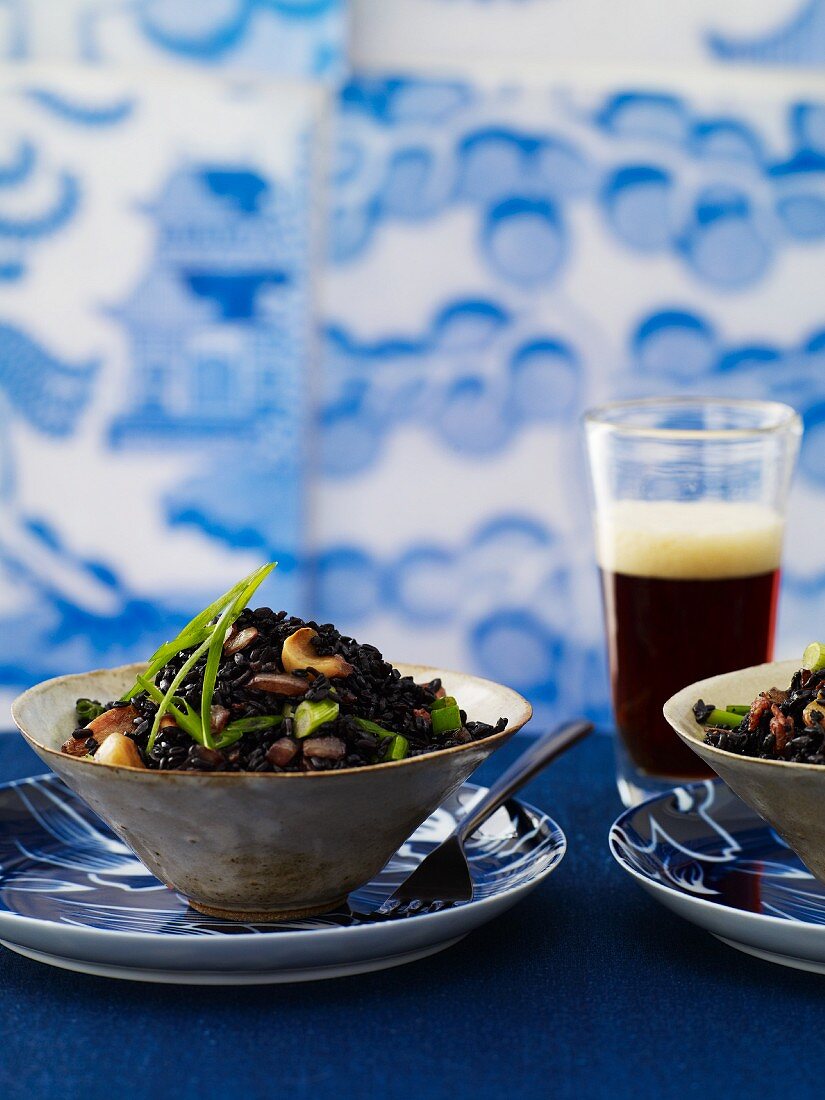 Black Rice Salad with Cashews; Glass of Beer