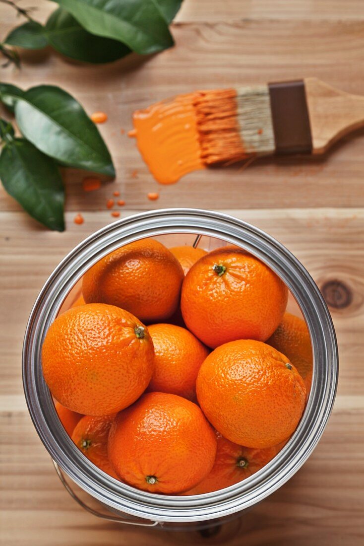 Orangen in Farbeimer, daneben Pinsel mit oranger Farbe