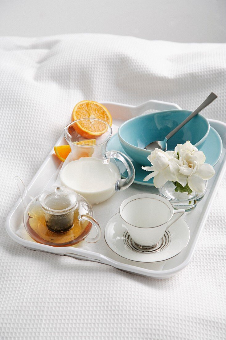 Breakfast tray on bed