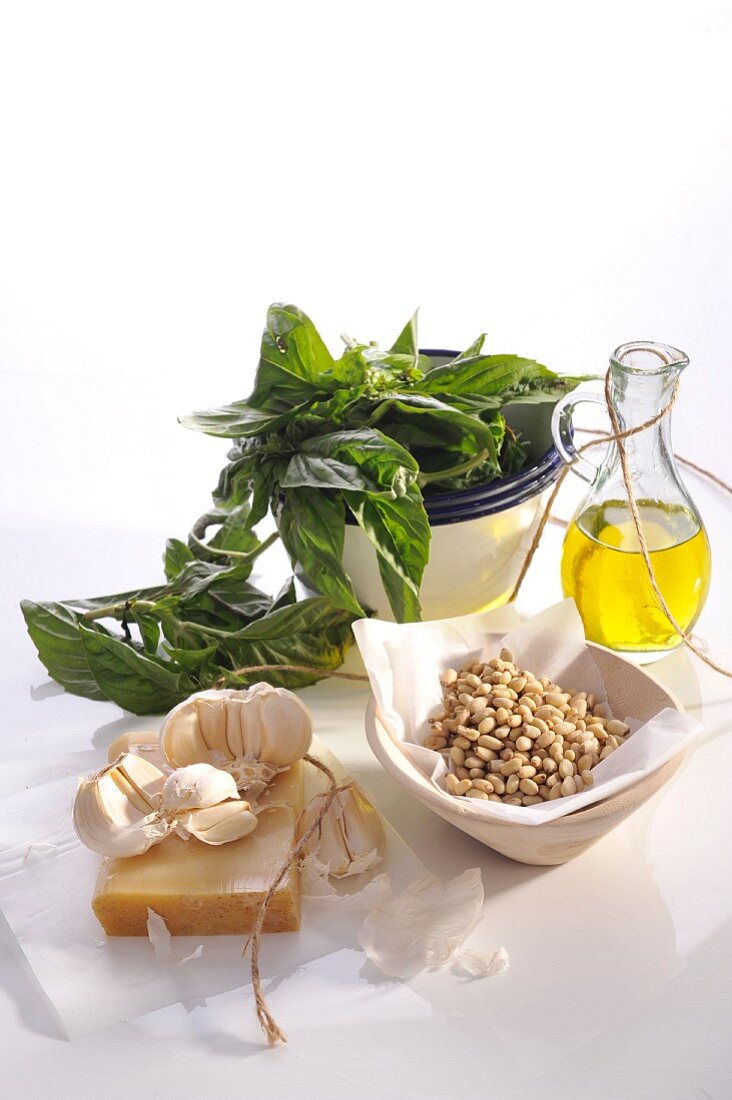 Fresh Ingredients; Basil, Pine Nuts, Olive Oil and Salt