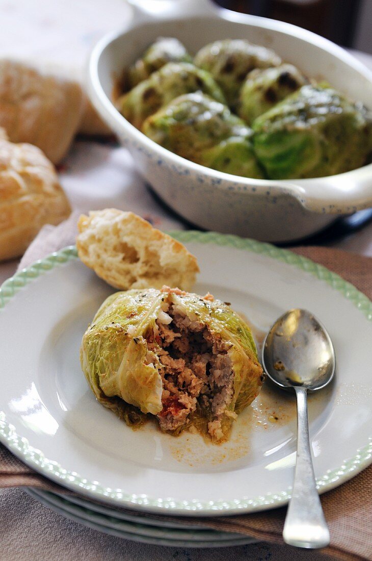 Cabbage leaves stuffed with pork mince