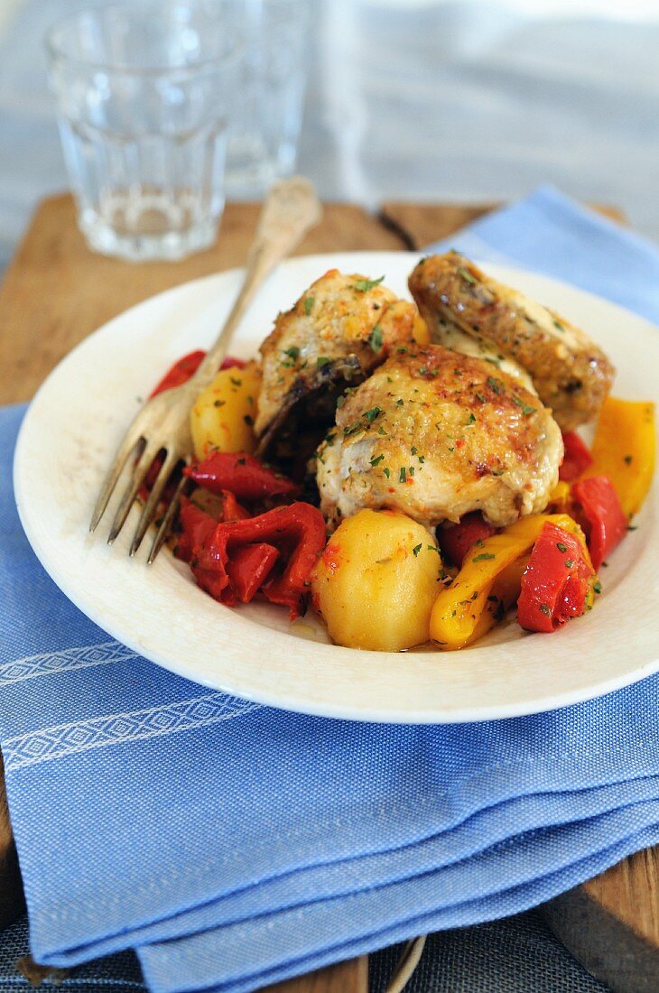 Pan fried chicken pieces with sweet and sour bell peppers and potatoes