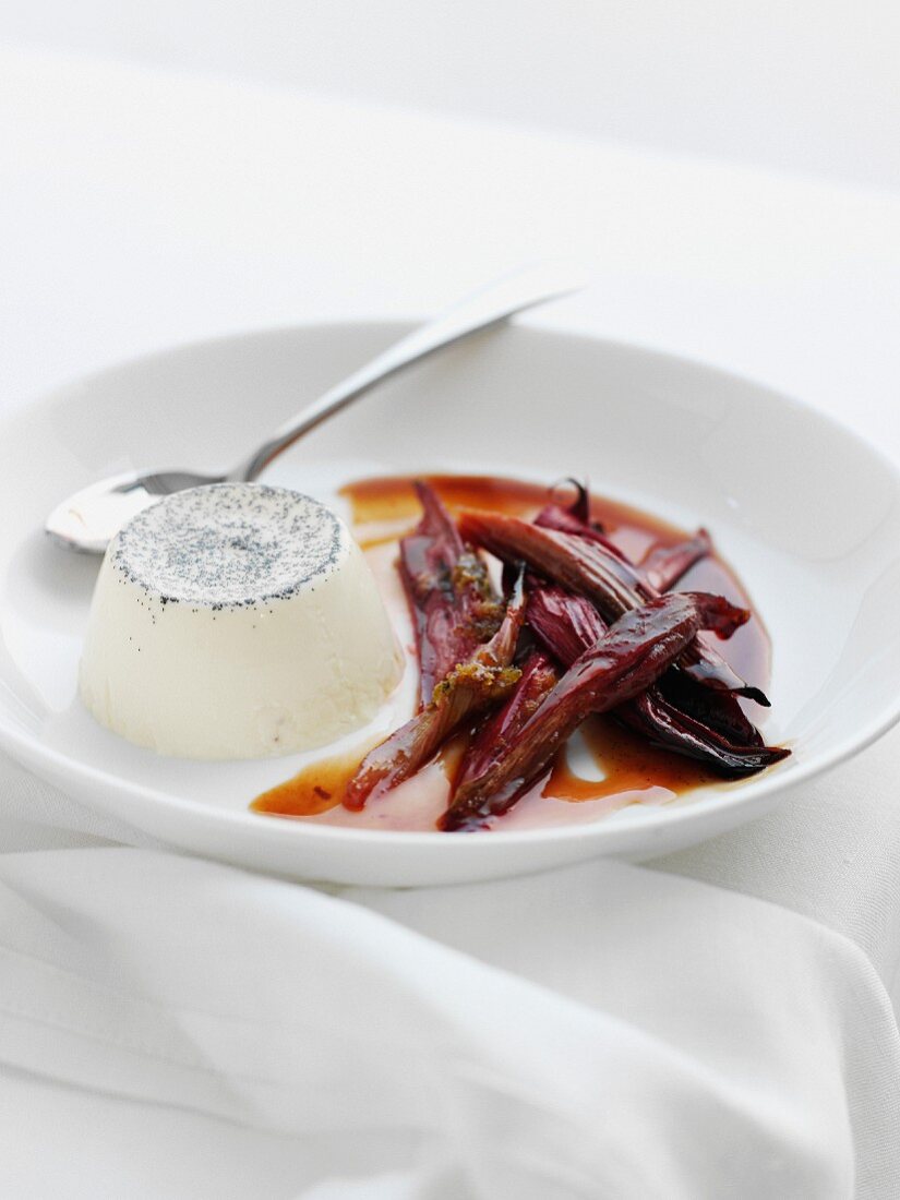 Close up of rose custard and rhubarb