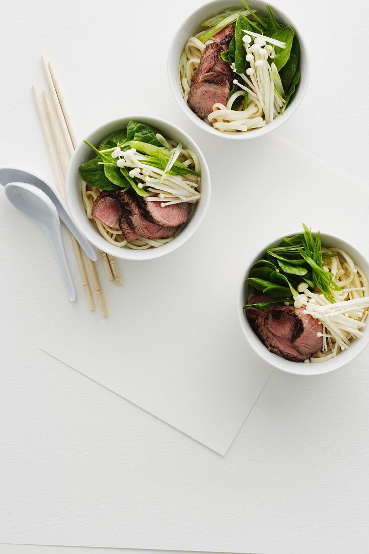 Japanische Nudelsuppe mit Rindfleisch und Pilzen