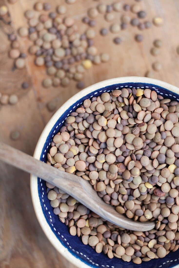 Brown Lentils in a Bowl with a Wooden Spoon