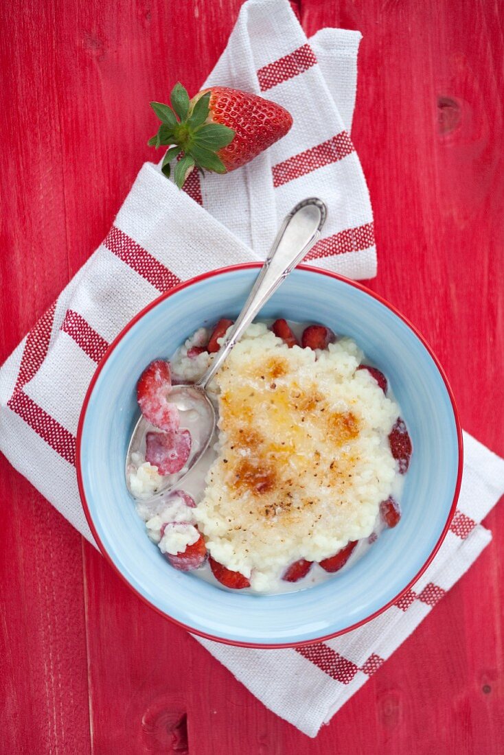 Bowl of Rice Pudding with Strawberries