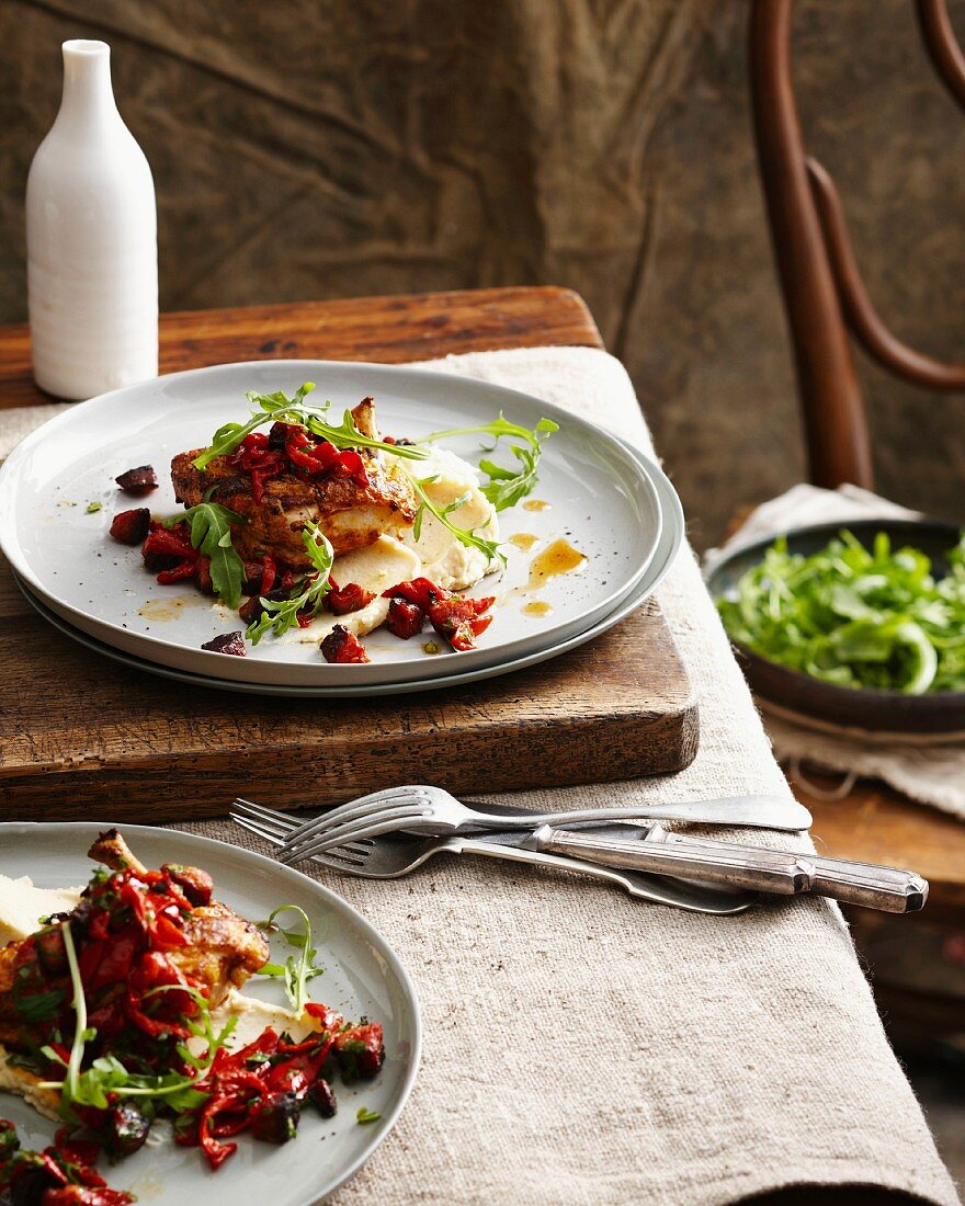 Hähnchen mit Chorizo, Kartoffelpüree und Salat