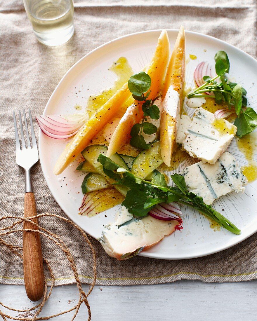 Plate of melon blue cheese salad