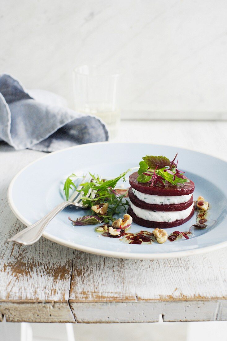 Stacked beetroot and goat cheese salad