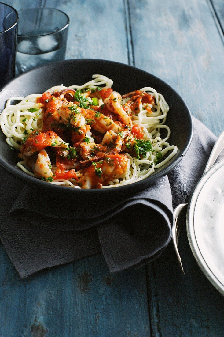 Bowl of spicy squid spaghetti