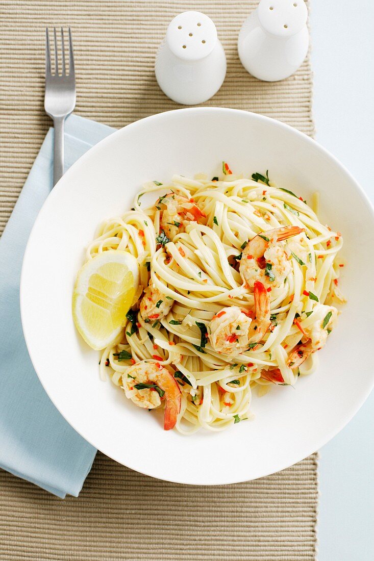 Bowl of linguine pasta with prawns