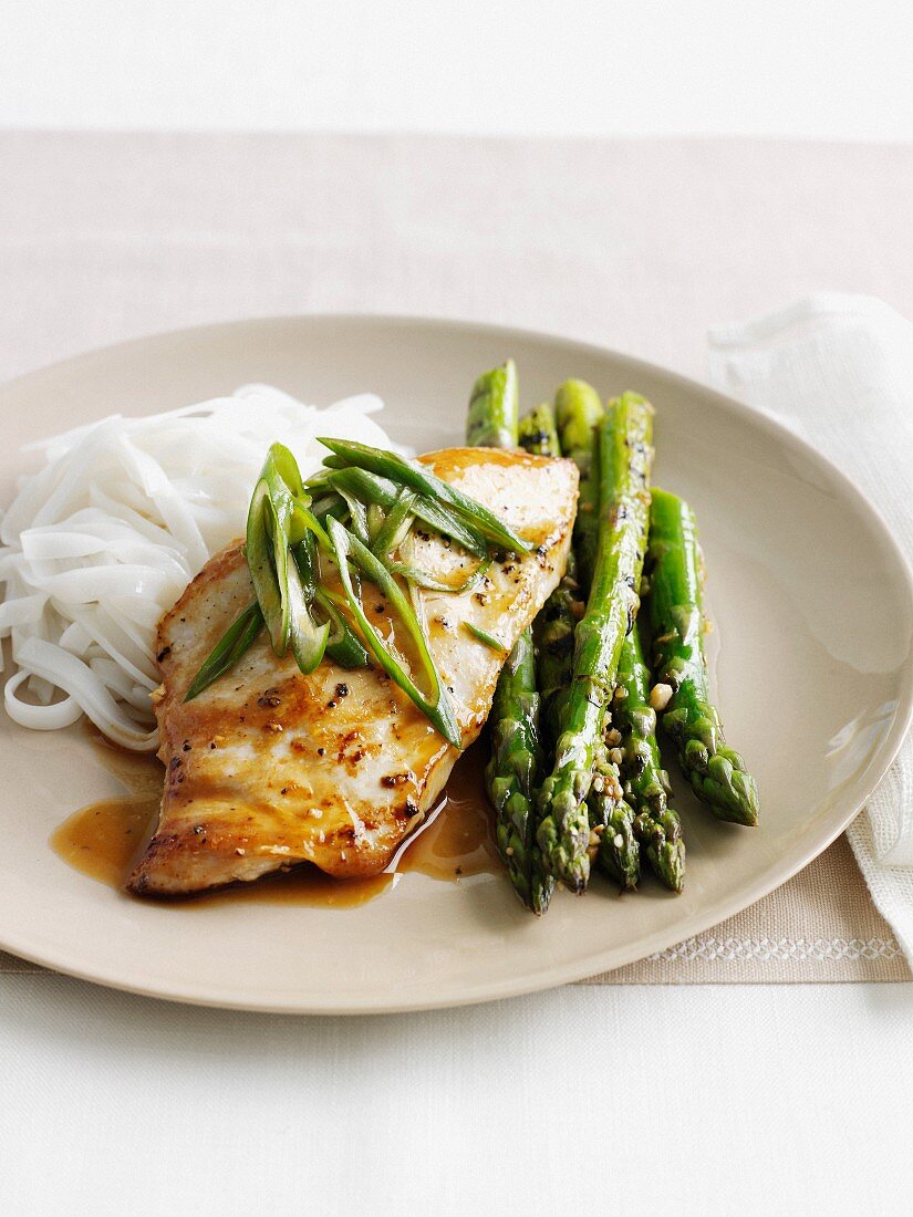 Plate of chicken, asparagus and noodles