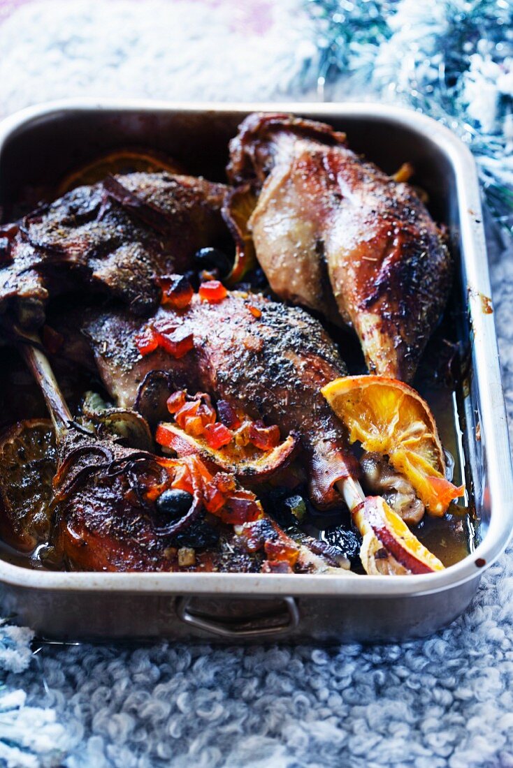 Christmas goose with nuts and raisins