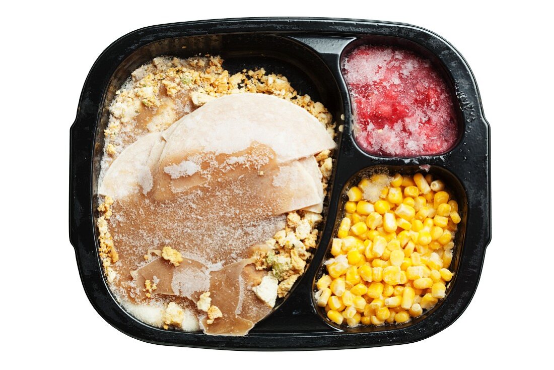 Frozen Turkey Dinner in Plastic Tray; White Background