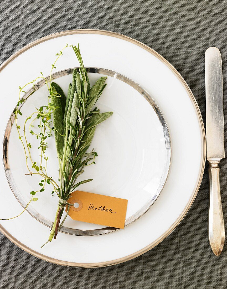 Place Setting with a Bouquet of Herbs and a Name Tag