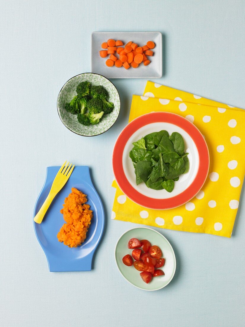 Assorted Vegetables Containing Beta Carotene: Baby Spinach, Broccoli, Grape Tomatoes, Sweet Potatoes and Carrots