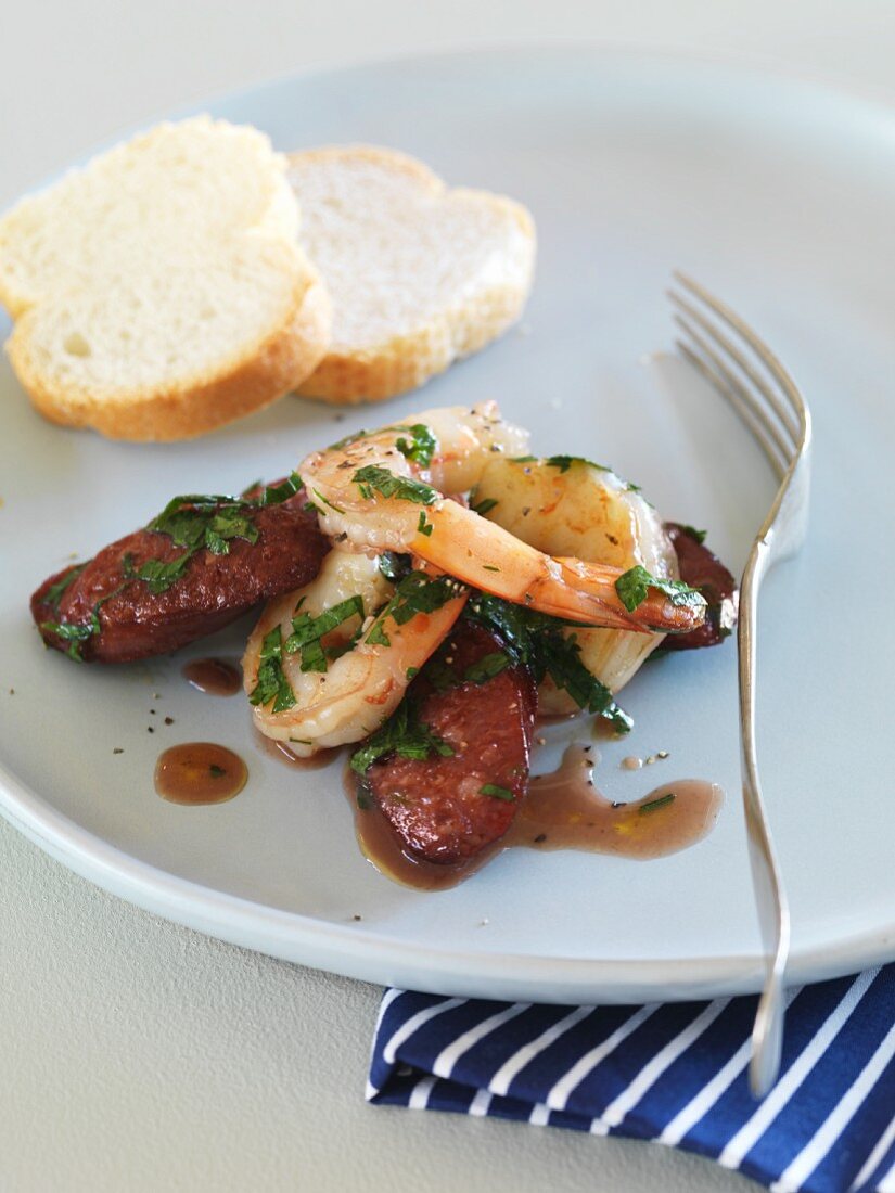 Spicy prawns with chorizo