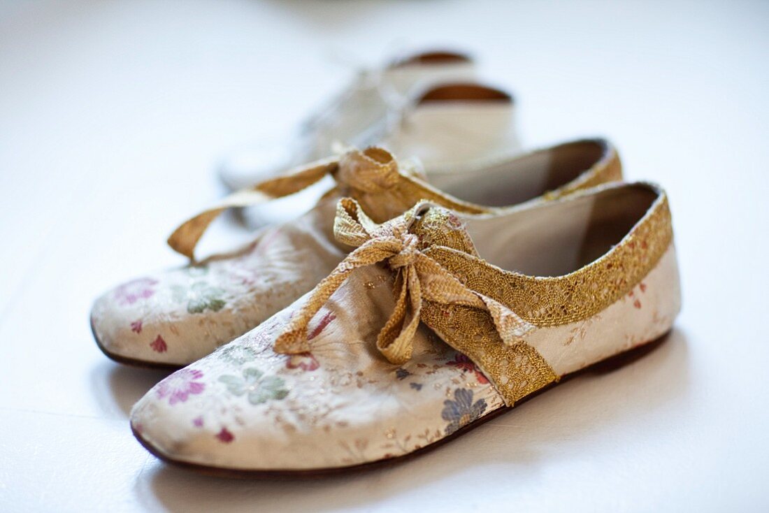 Close up of flower patterned shoes