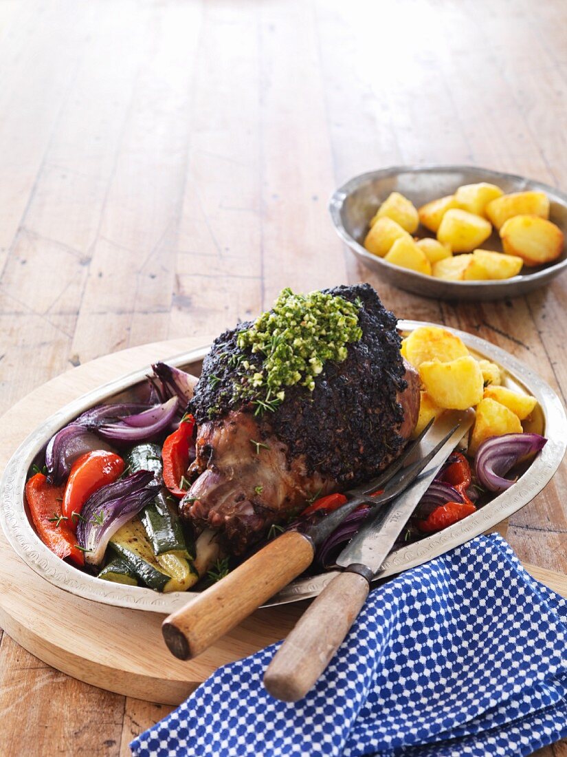 Mediterranean roast lamb with vegetables and potatoes