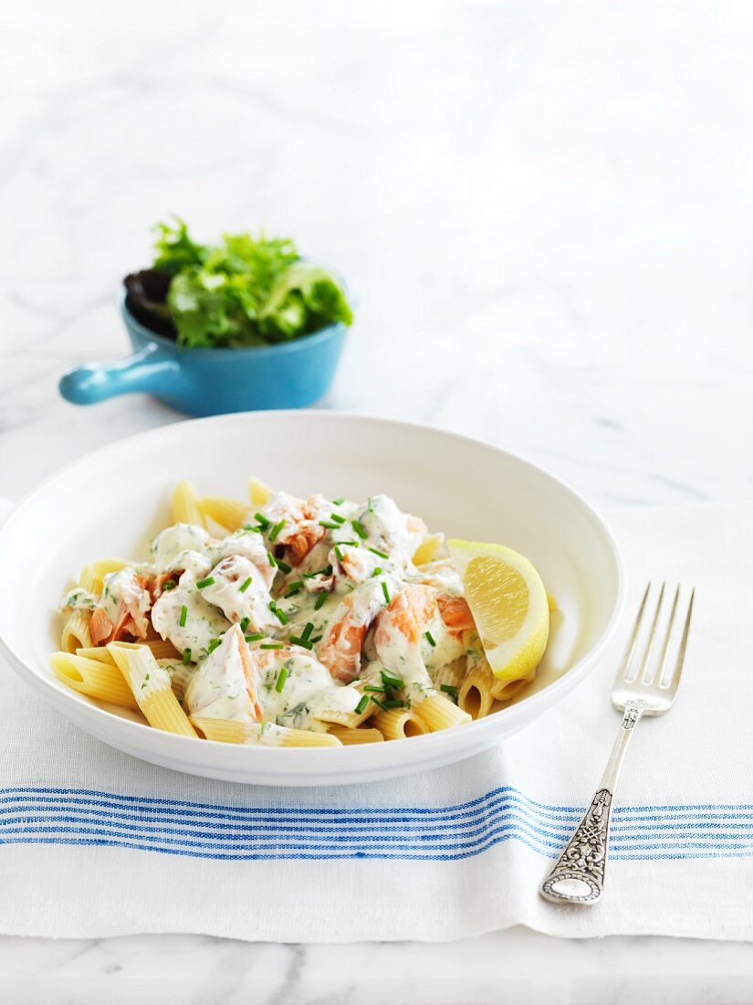 Penne with salmon and a creamy sauce