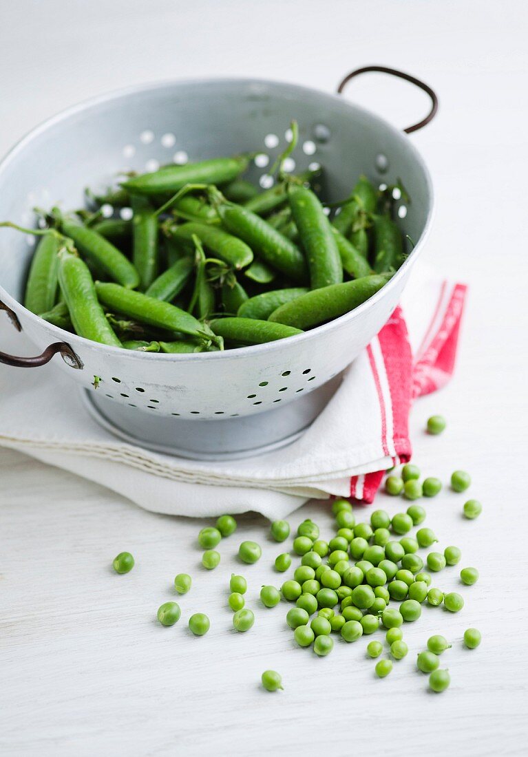 Young peas in a colander with shelled peas on the table next to it