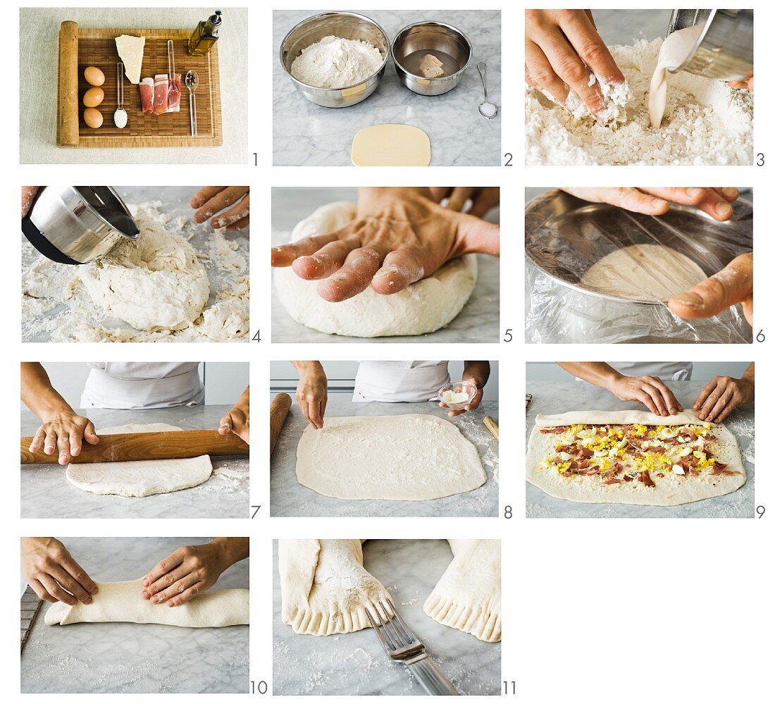 Neapolitan bread with a ham and egg filling being made