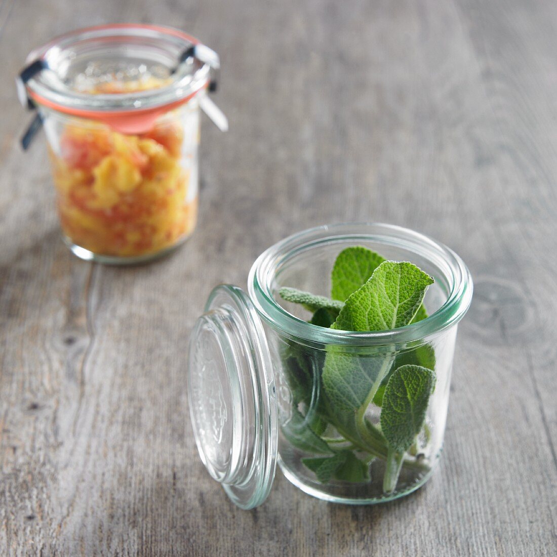 Organic Sage in a Jar; Jar of Organic Homemade Mango Salsa